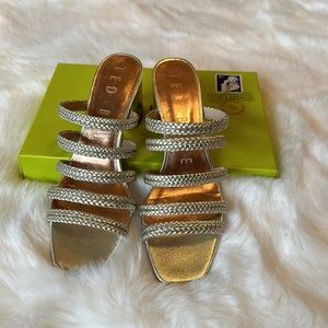Ted Baker Gold Emaliam Woven Multi Strap Mule Sandals